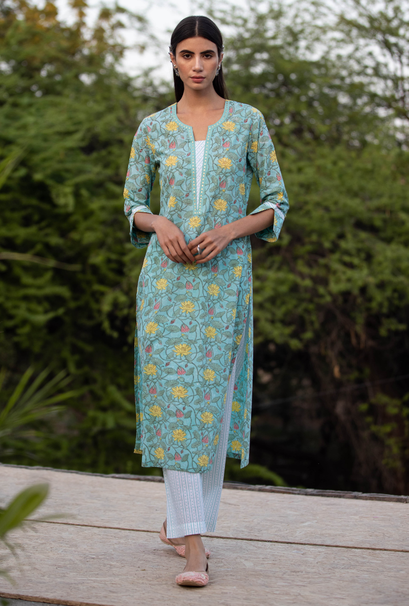 Aqua Sequin Pankhuri Kurta Set