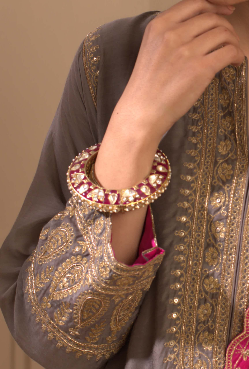 Gold Plated Silver Polki Openable Kada With Red Stones & Pearls