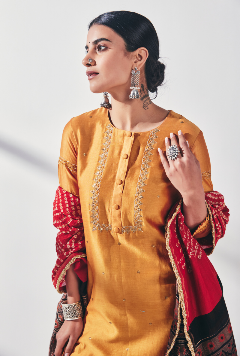 Yellow Mirror Work Fiza Kurta Set