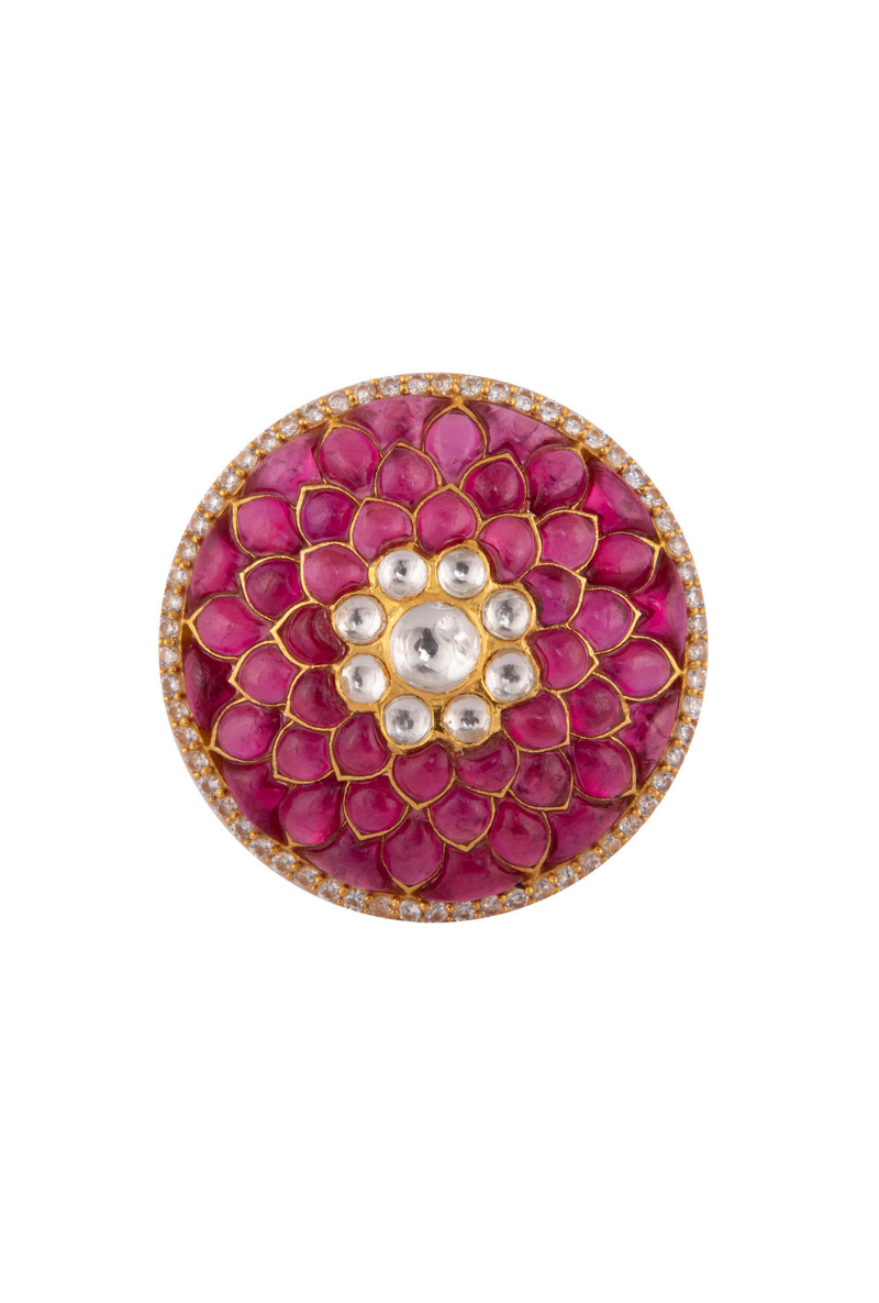Gold Plated Silver Ring With Red Stones & Polki