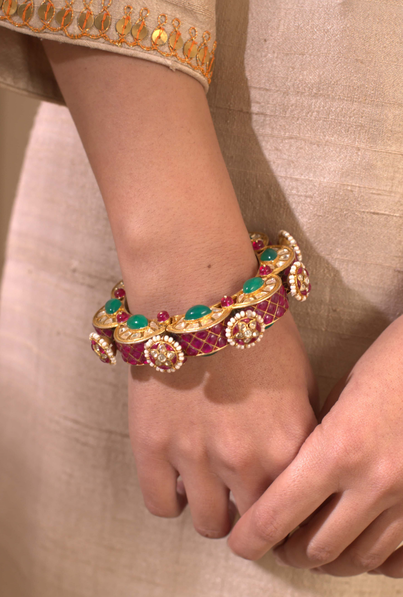 Gold Plated Silver Polki Openable Kada With Green/Red Stones & Pearls