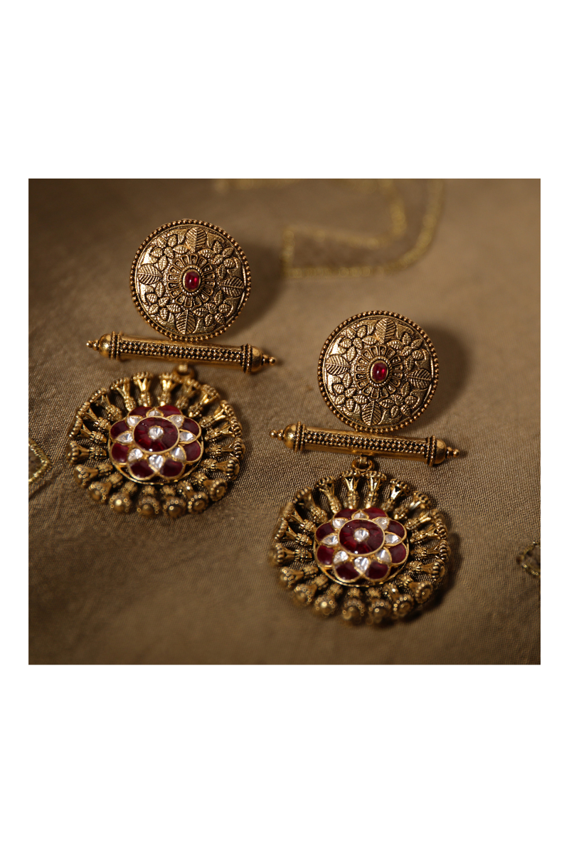 Gold Plated Silver Floral Texture Earrings With Polki & Red Stones