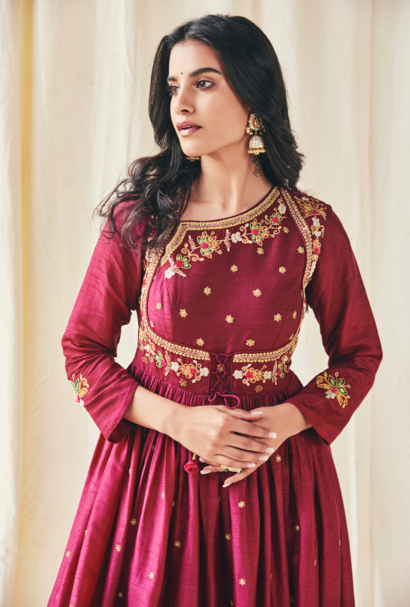 Wine Floral Yolk Meera Anarakli Set