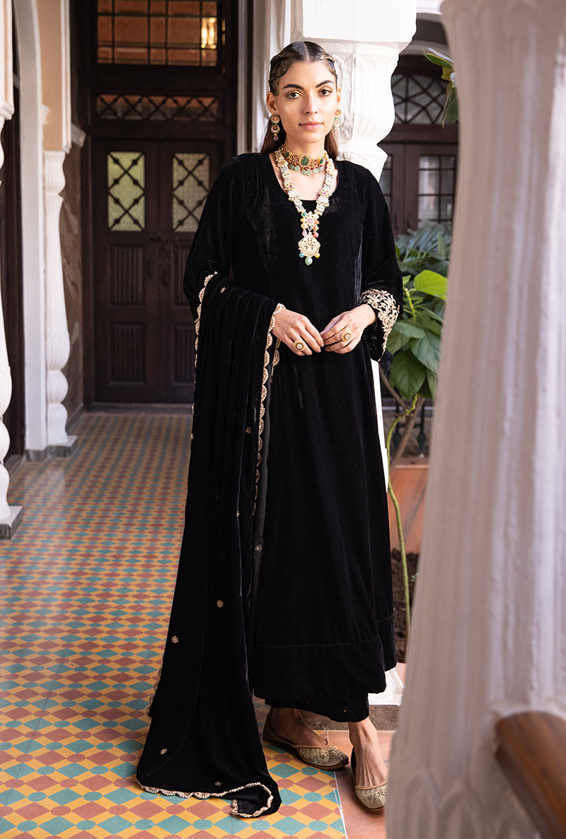 Black Heavy Cuff A-line Velvet Aarzoo Kurta Set