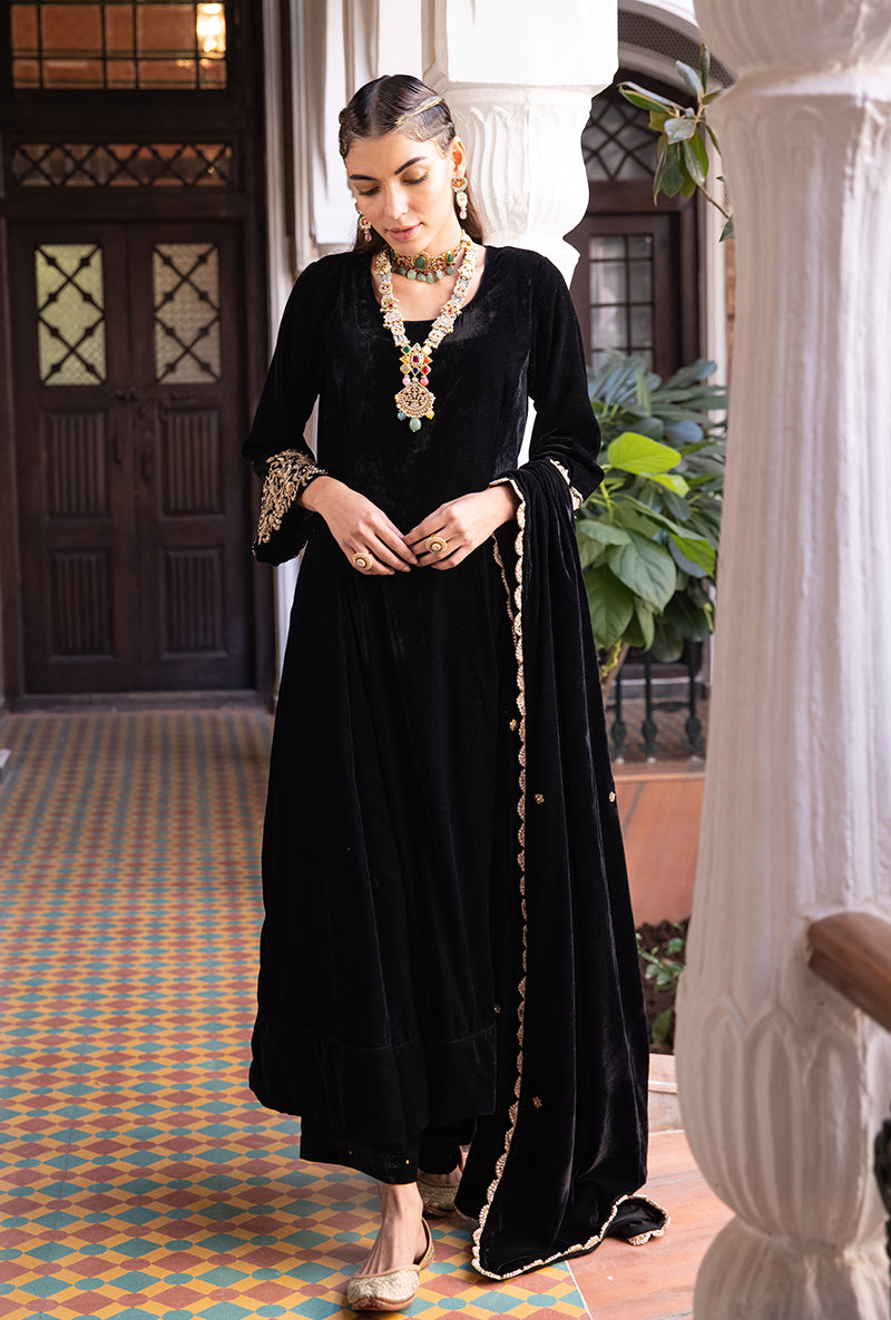 Black Heavy Cuff A-line Velvet Aarzoo Kurta Set