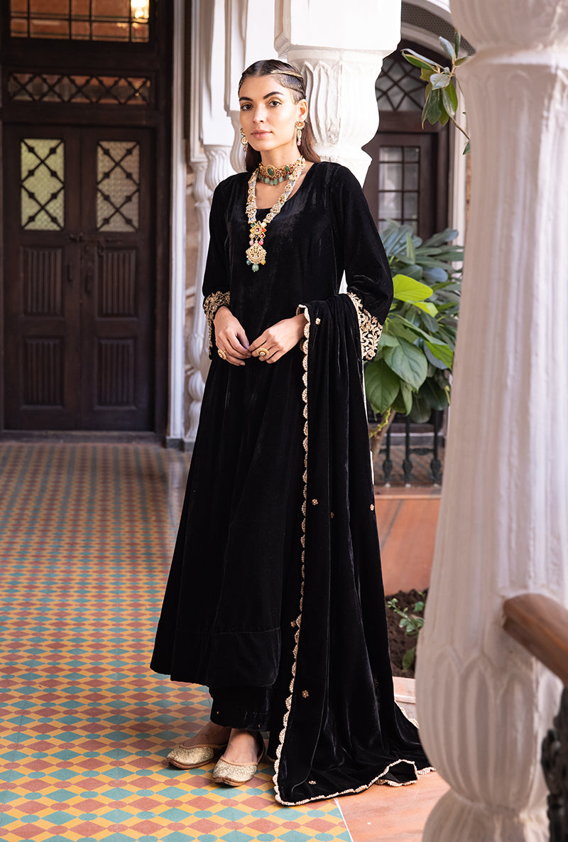 Black Heavy Cuff A-line Velvet Aarzoo Kurta Set