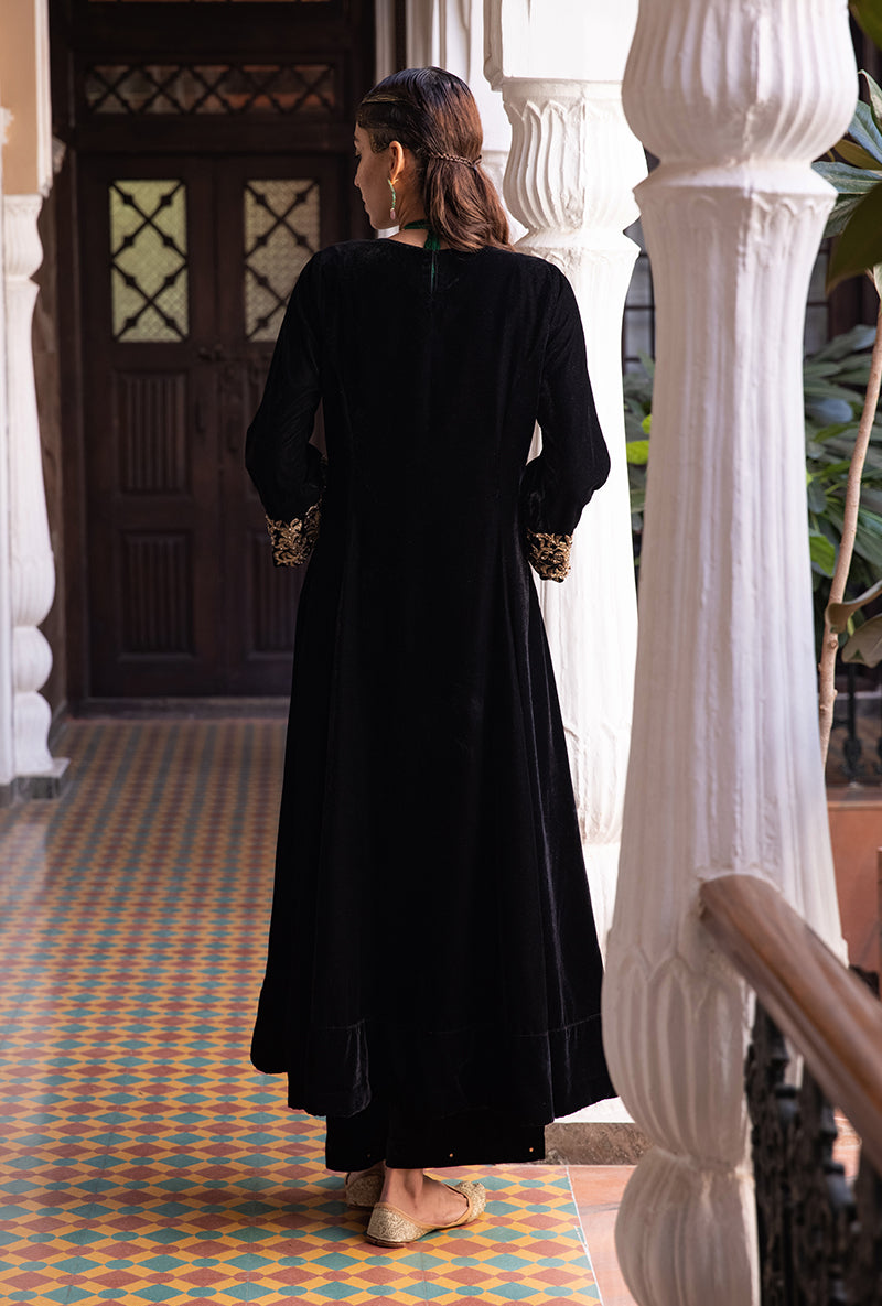 Black Heavy Cuff A-line Velvet Aarzoo Kurta Set