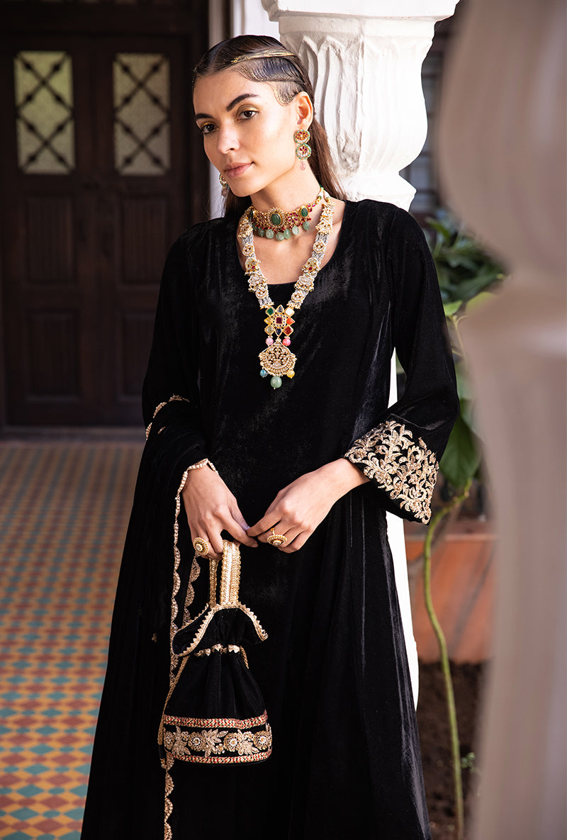 Black Heavy Cuff A-line Velvet Aarzoo Kurta Set