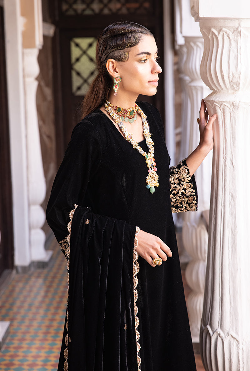 Black Heavy Cuff A-line Velvet Aarzoo Kurta Set