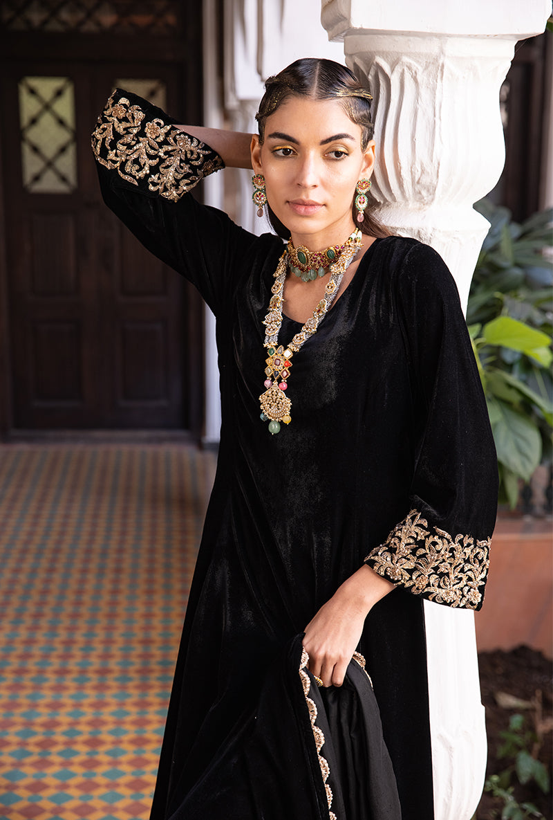 Black Heavy Cuff A-line Velvet Aarzoo Kurta Set