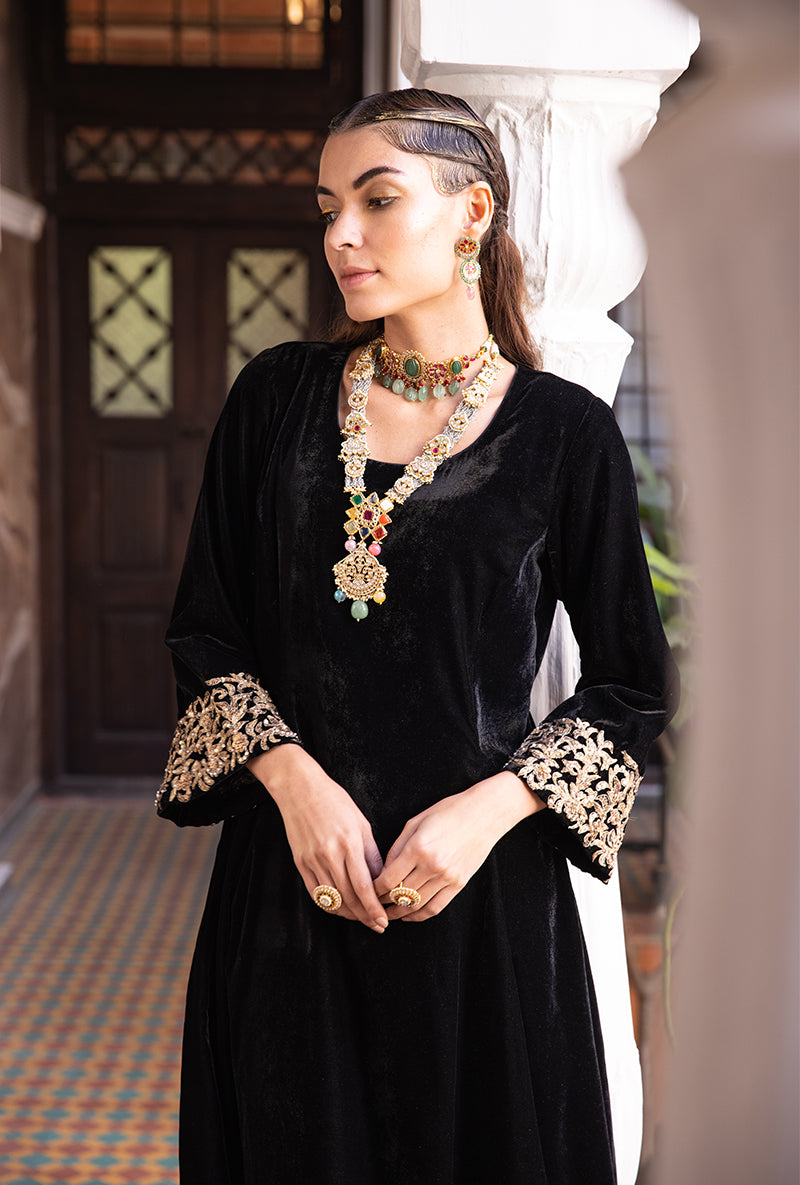 Black Heavy Cuff A-line Velvet Aarzoo Kurta Set