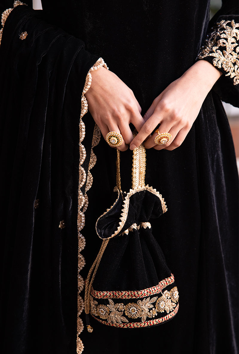 Black Heavy Cuff A-line Velvet Aarzoo Kurta Set