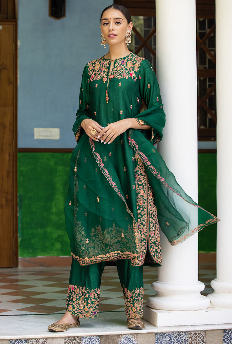 Green Kairi Buta Jaal Long Zeenat Kurta Set