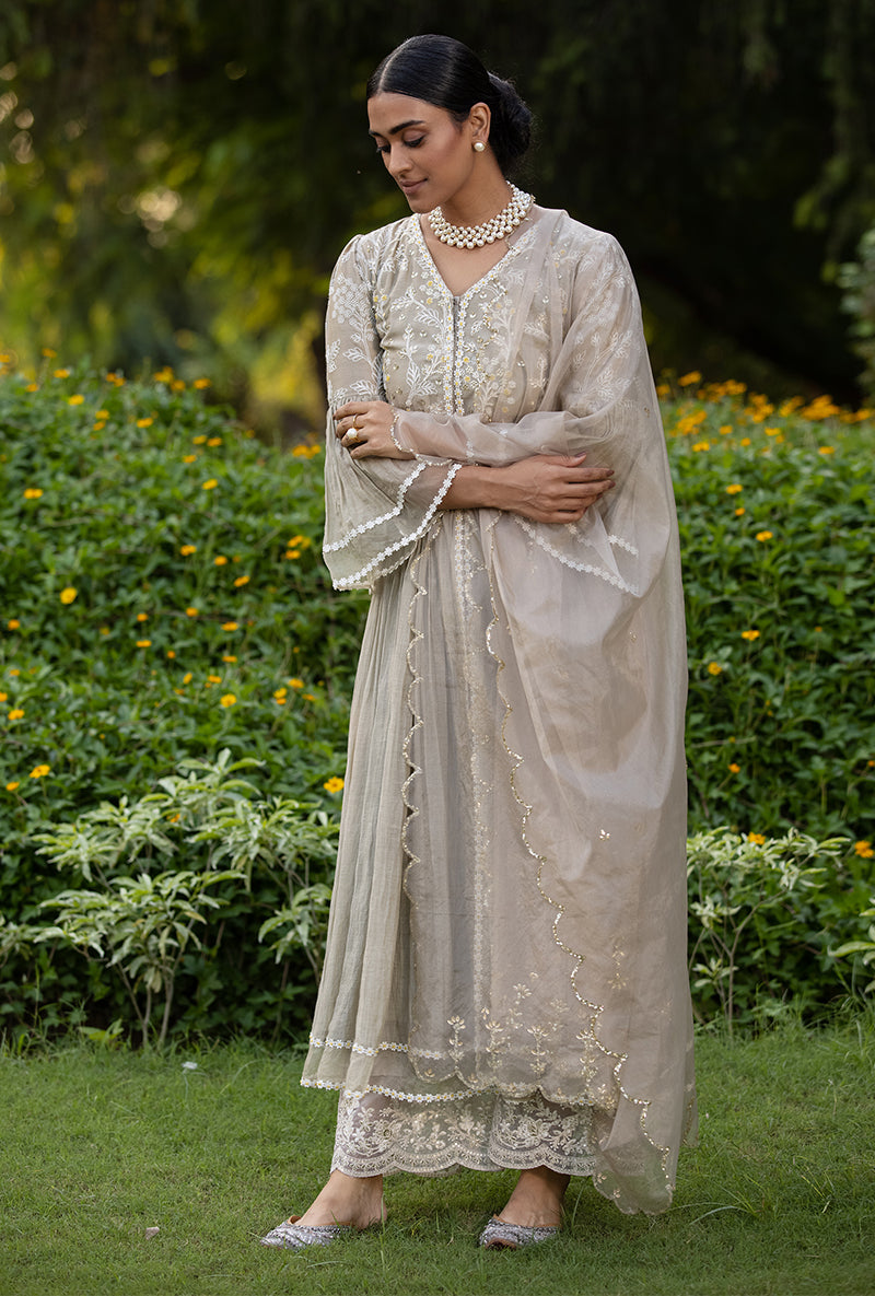 Grey Thread And Pearl Kurta Set