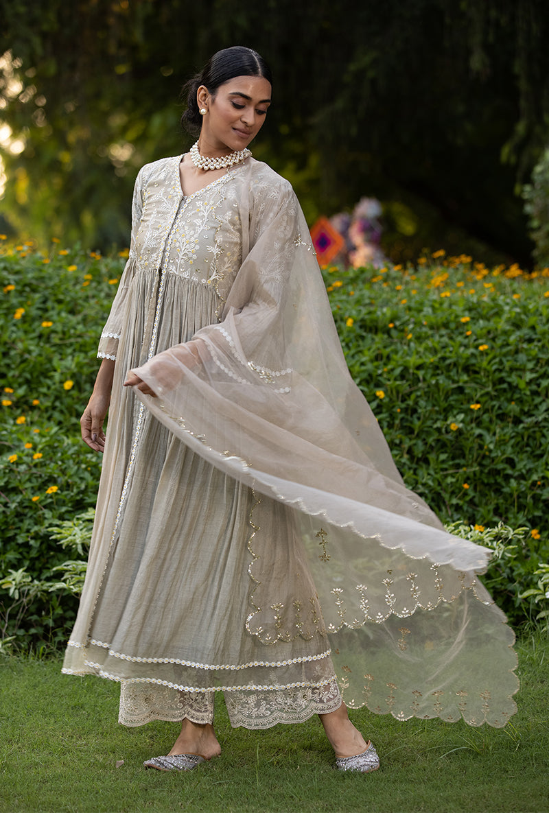 Grey Thread And Pearl Kurta Set