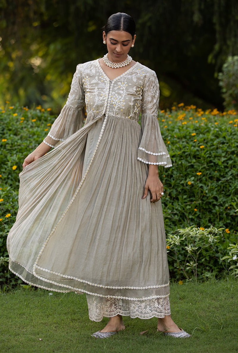 Grey Thread And Pearl Kurta Set