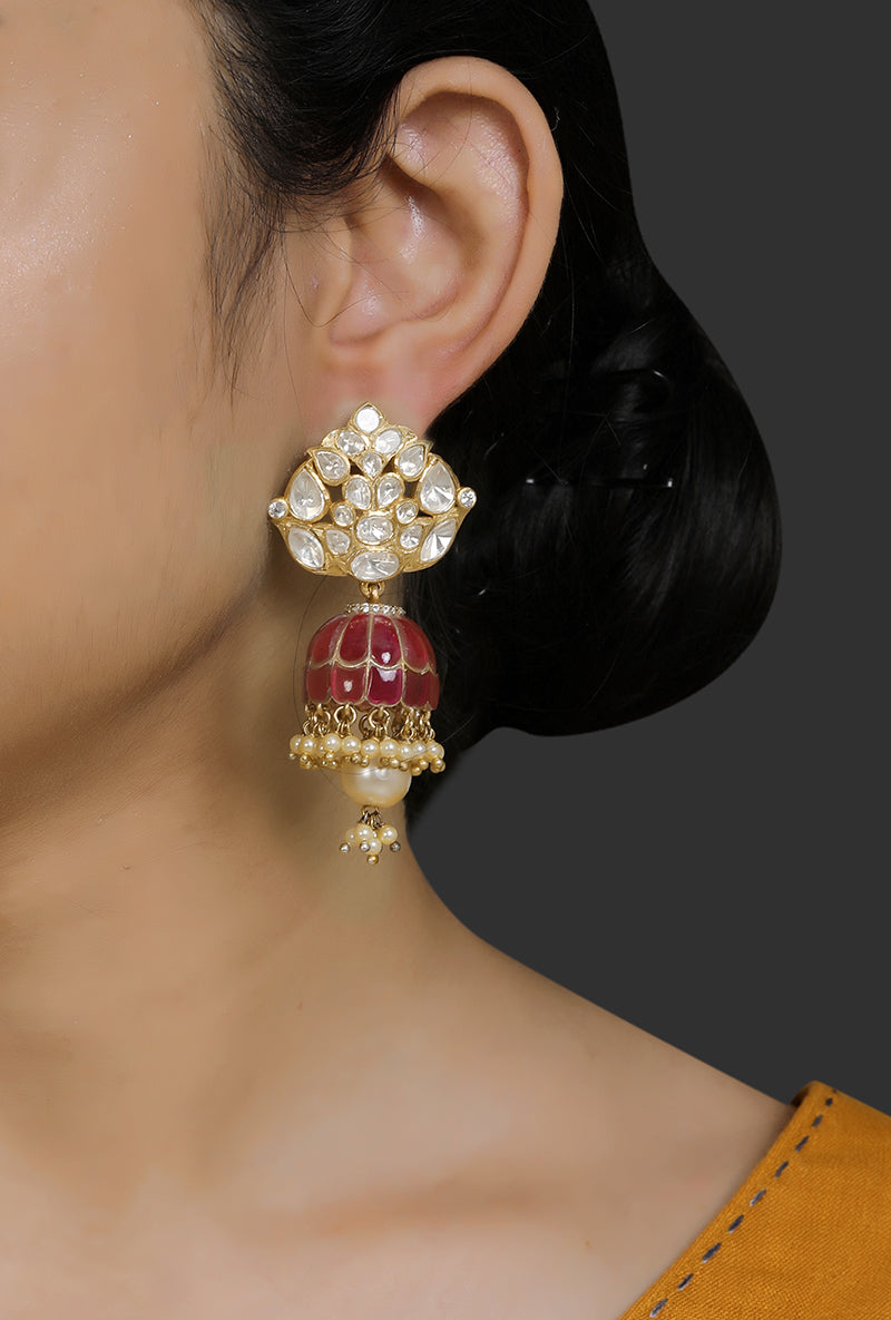 Ruby & Polki Gold Plated Silver Jhumki With Fresh Water Pearl Drops