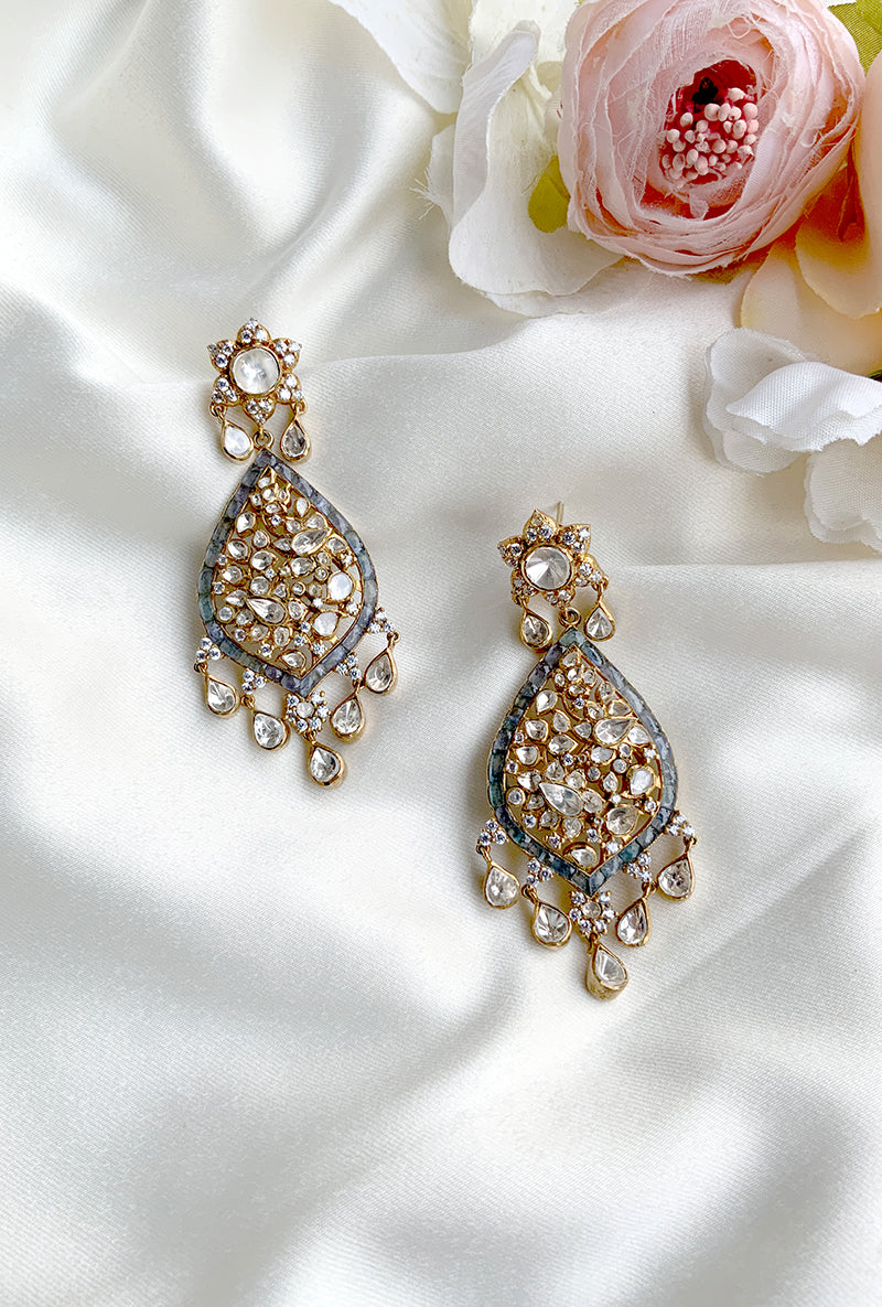 Polki And Blue Sapphire Pear Shape Gold Plated Silver Earrings