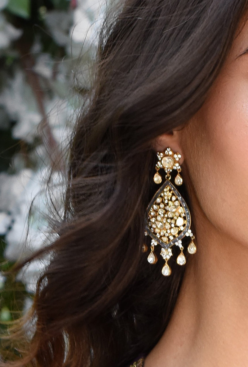 Polki And Blue Sapphire Pear Shape Gold Plated Silver Earrings