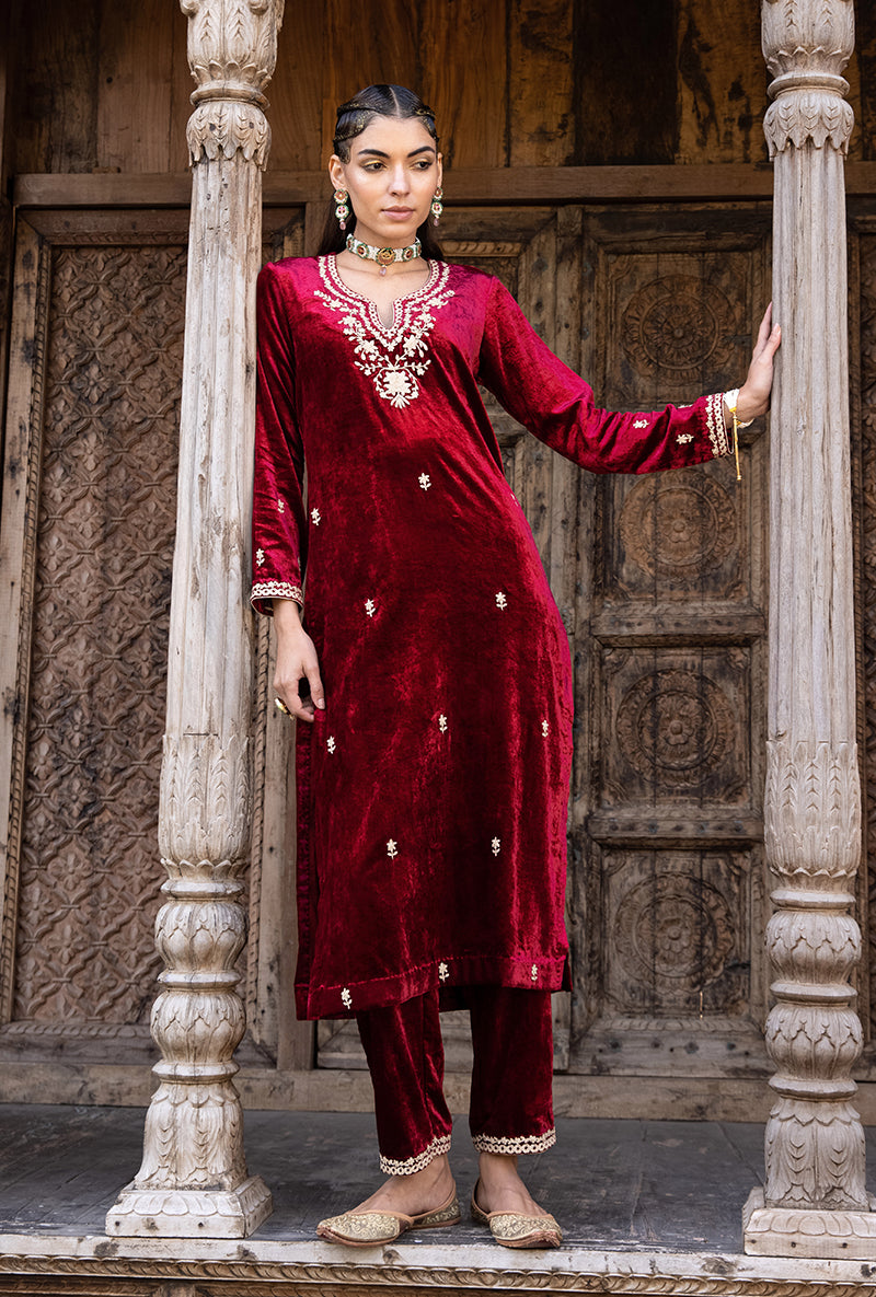 Maroon Velvet Heavy Neck Falak Kurta Set