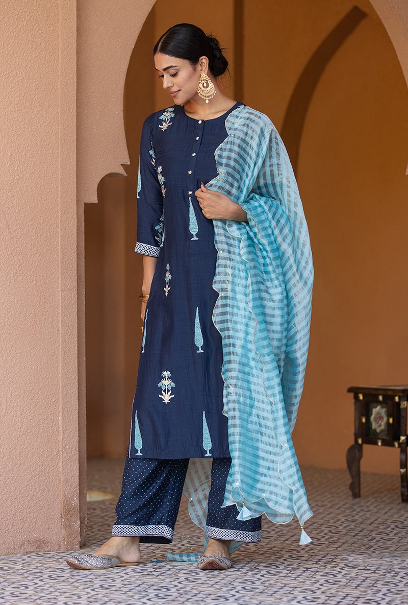 Navy Straight Nayaab Kurta Set