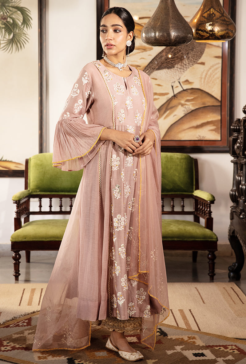Onion Pink Thread Work With Sequins And Pearl Kurta Set