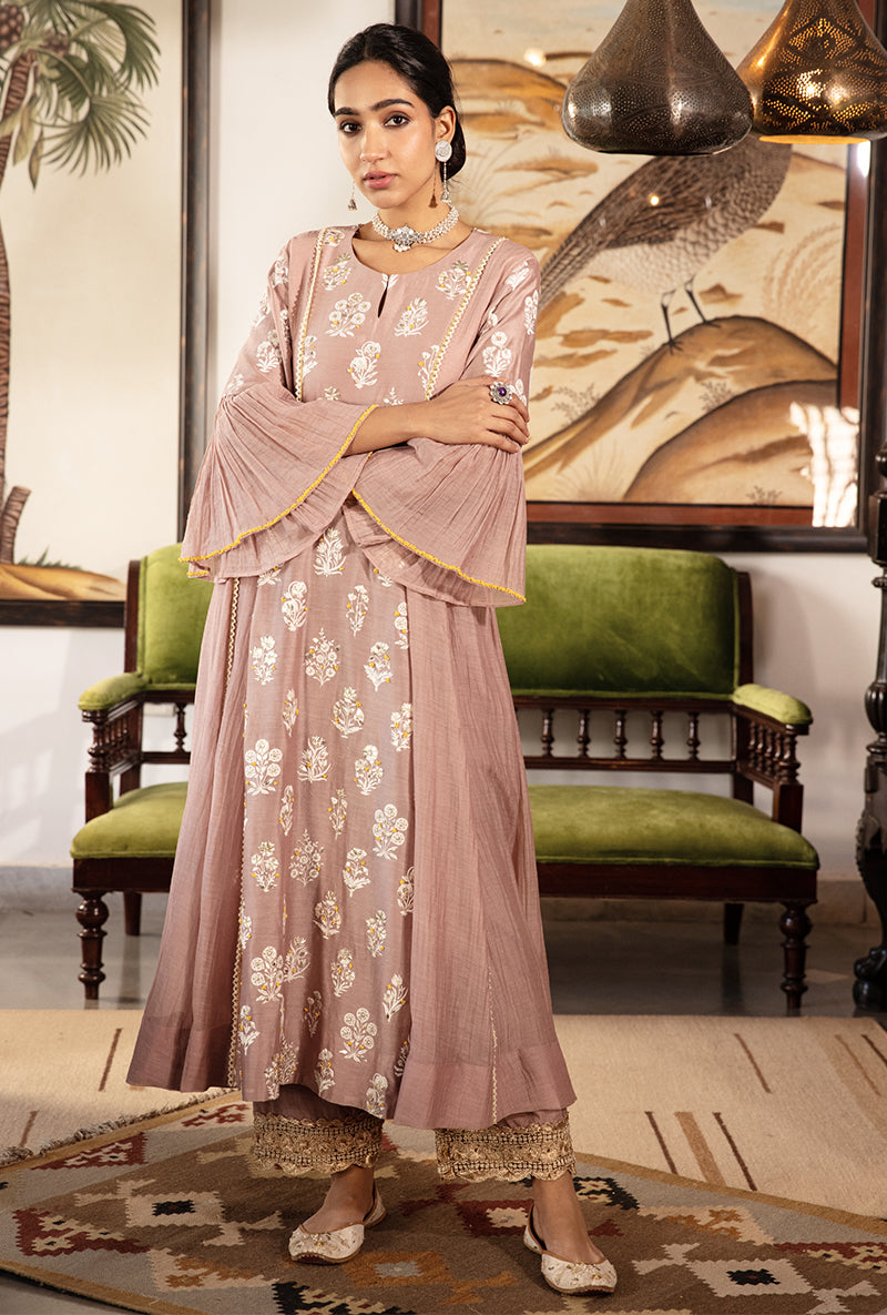 Onion Pink Thread Work With Sequins And Pearl Kurta Set