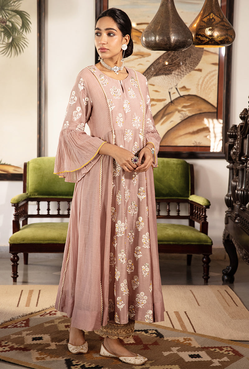 Onion Pink Thread Work With Sequins And Pearl Kurta Set
