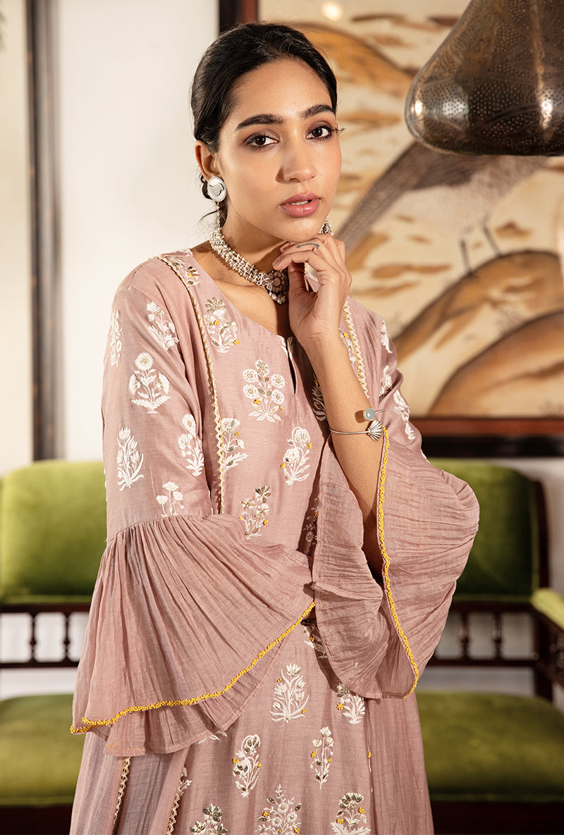 Onion Pink Thread Work With Sequins And Pearl Kurta Set
