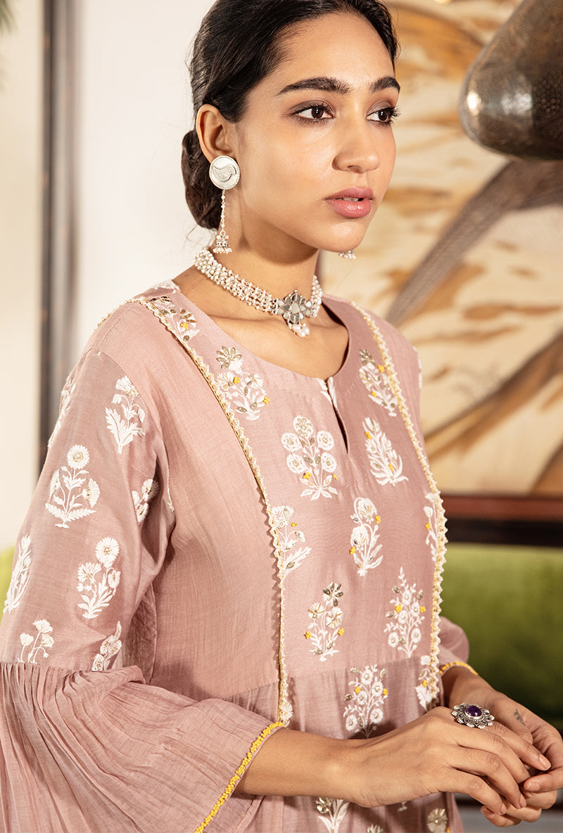 Onion Pink Thread Work With Sequins And Pearl Kurta Set