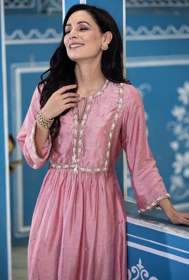 Pink Front Pleat Ameera Kurta Set