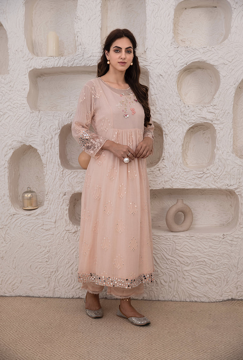 Pink Mirror And Resham Work Kurta Set