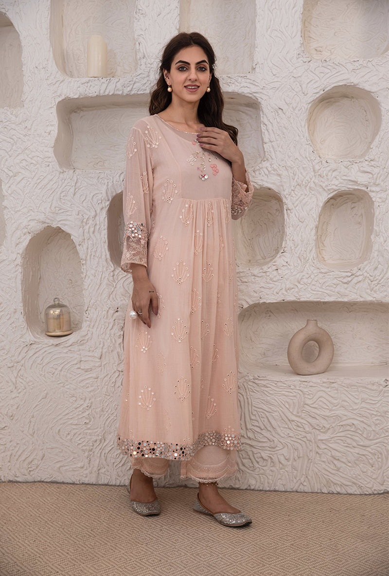 Pink Mirror And Resham Work Kurta Set
