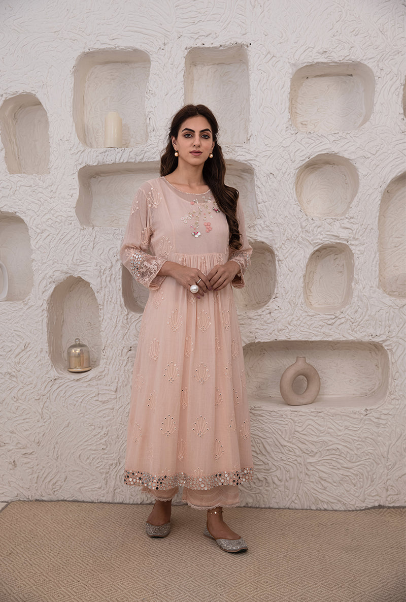 Pink Mirror And Resham Work Kurta Set