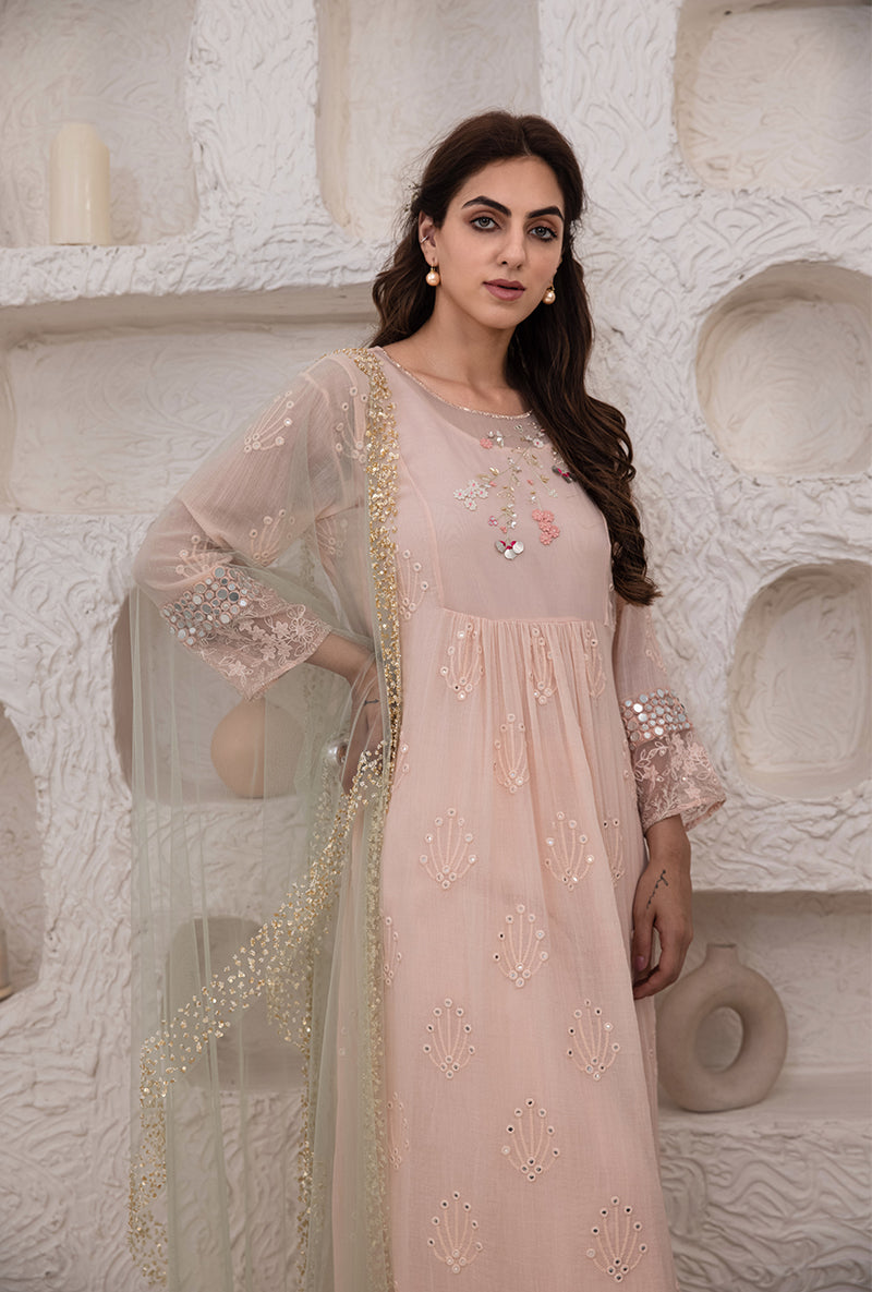 Pink Mirror And Resham Work Kurta Set