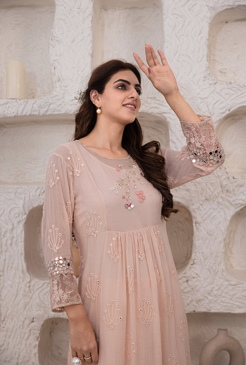 Pink Mirror And Resham Work Kurta Set