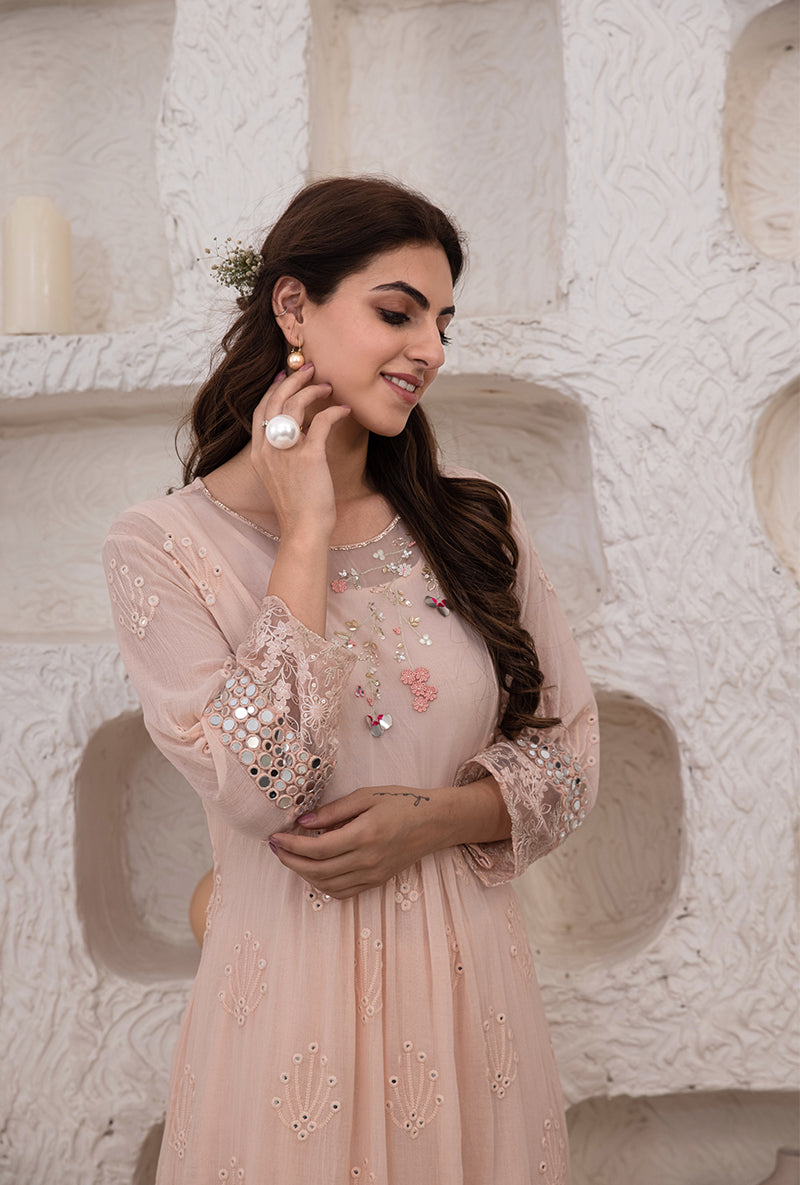 Pink Mirror And Resham Work Kurta Set