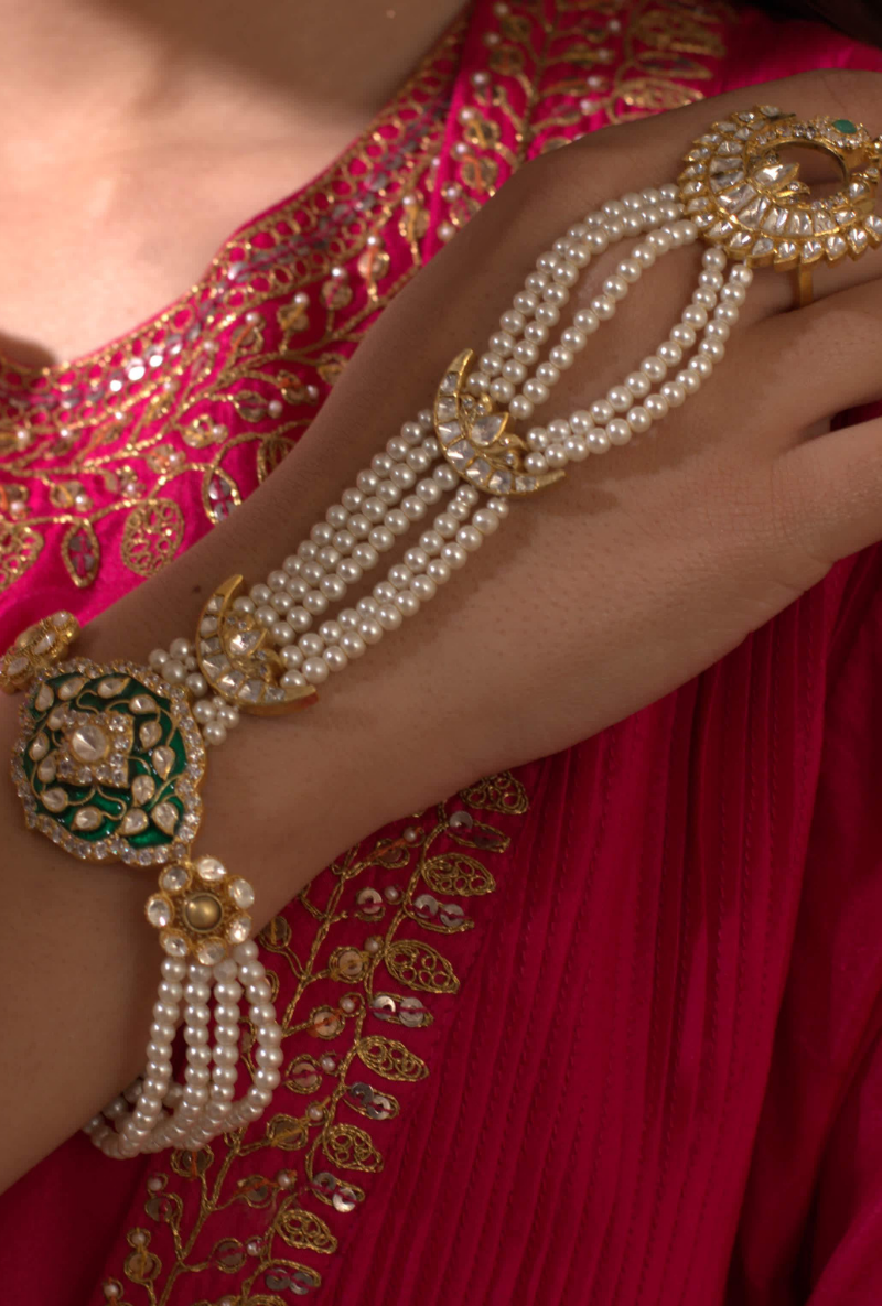 Gold Plated Silver Polki Hathphool With Green Enamel & Pearls