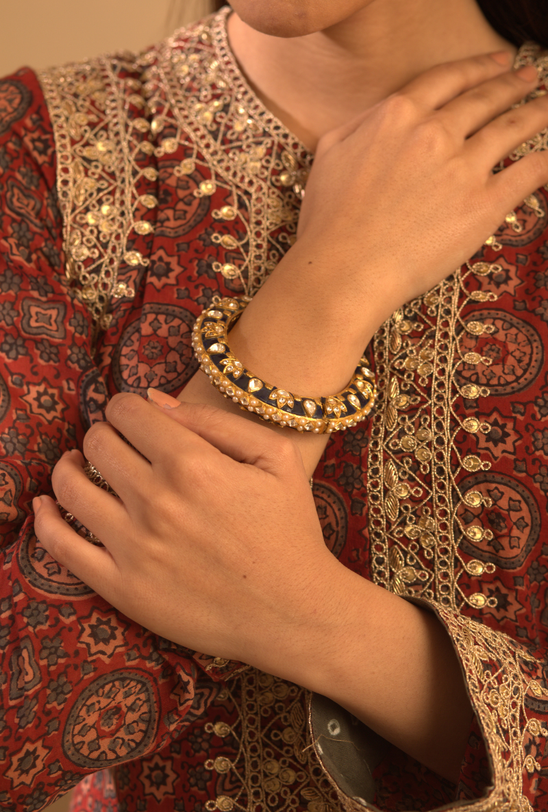 Gold Plated Silver Polki Openable Kada With Blue Stones & Pearls