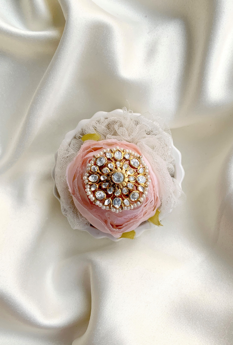 All White Polki Gold Plated Silver Floral Motif Ring