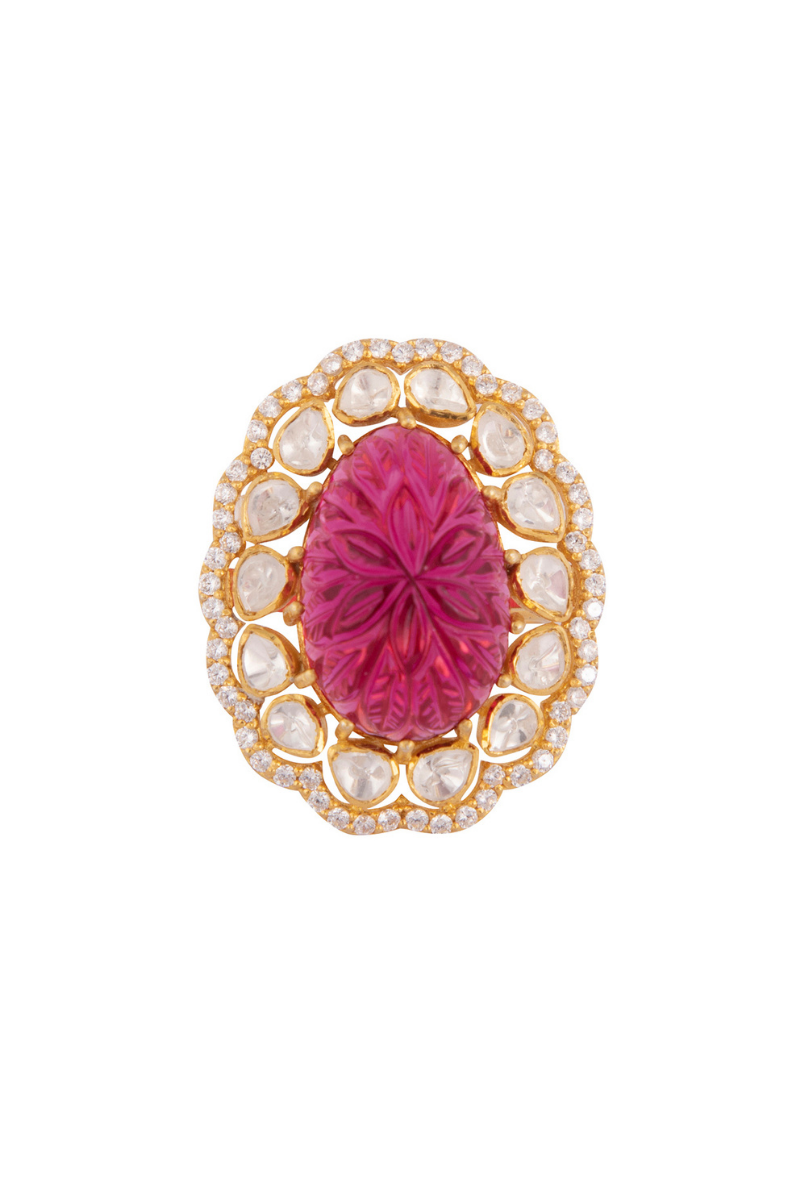 Gold Plated Silver Ring With Red Carved Oval Stone & Polki