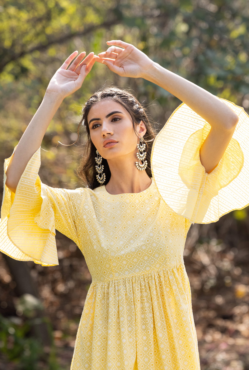 Yellow Frill Sleeve Titlie Anarkali Set