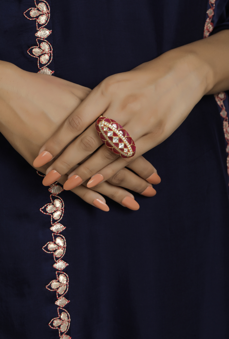 Gold Plated Silver Red Utarai & Polki Boat Shape Ring