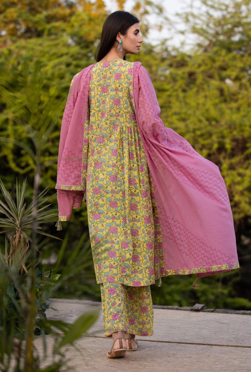 Yellow/Pink Pankhuri Anarkali Kurta Set