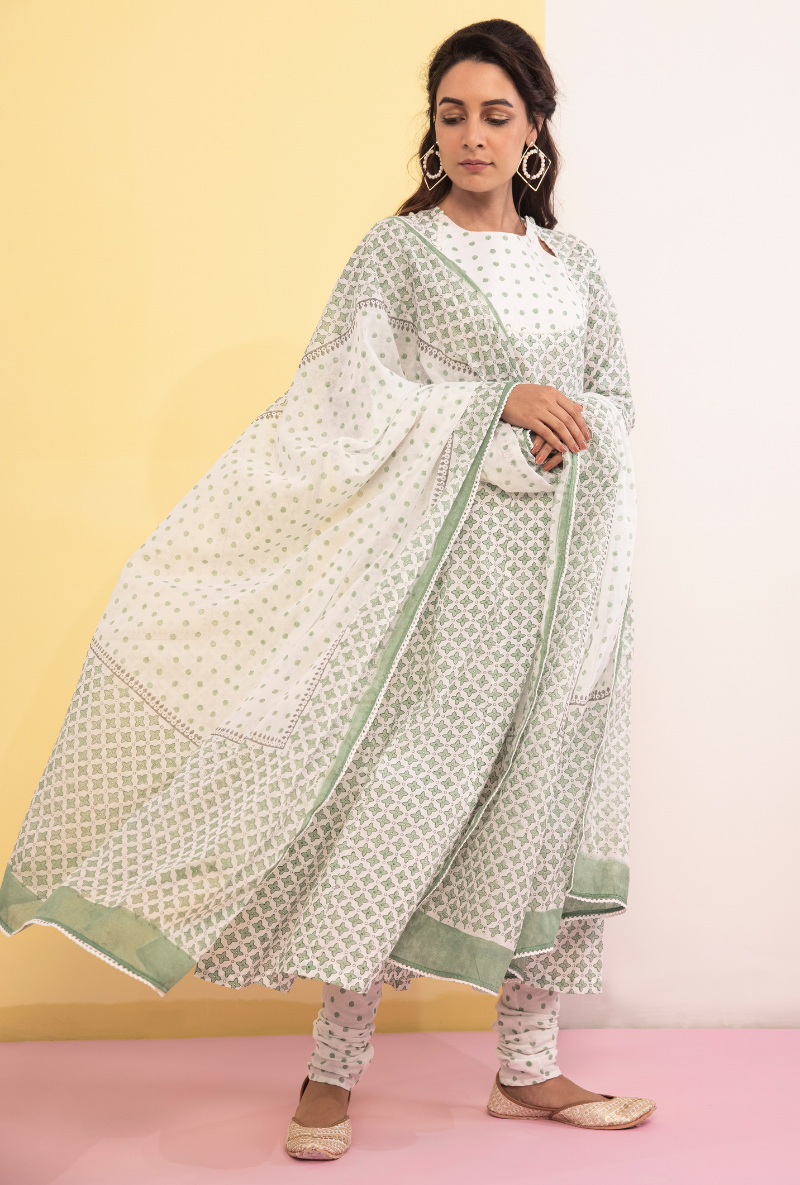 Green Cotton Candy Anarkali Kurta Set