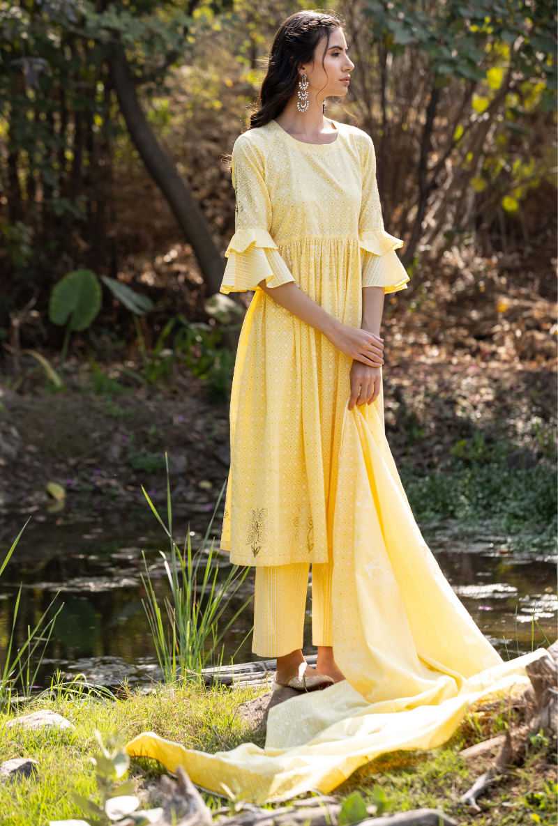 Yellow Frill Sleeve Titlie Anarkali Set
