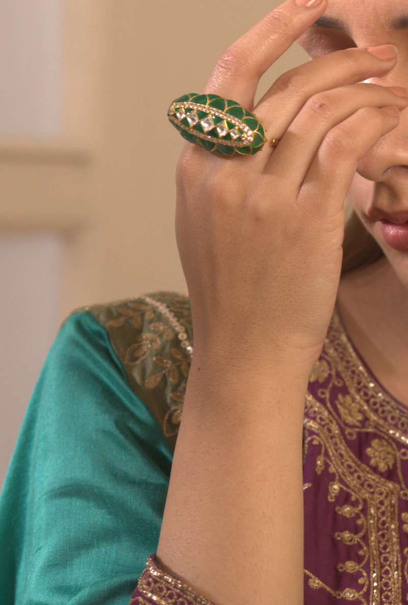 Gold Plated Silver Two Finger Ring With Green Stones & Polki