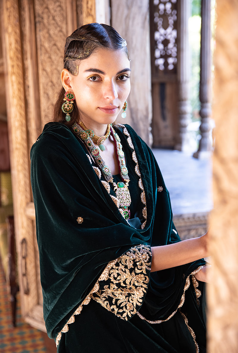Deep Green Heavy Cuff A-line Velvet Aarzoo Kurta Set