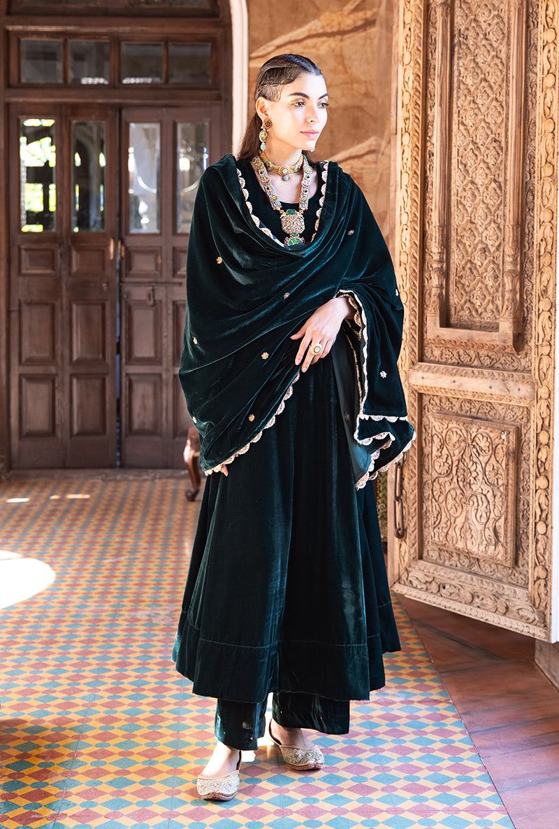 Deep Green Heavy Cuff A-line Velvet Aarzoo Kurta Set