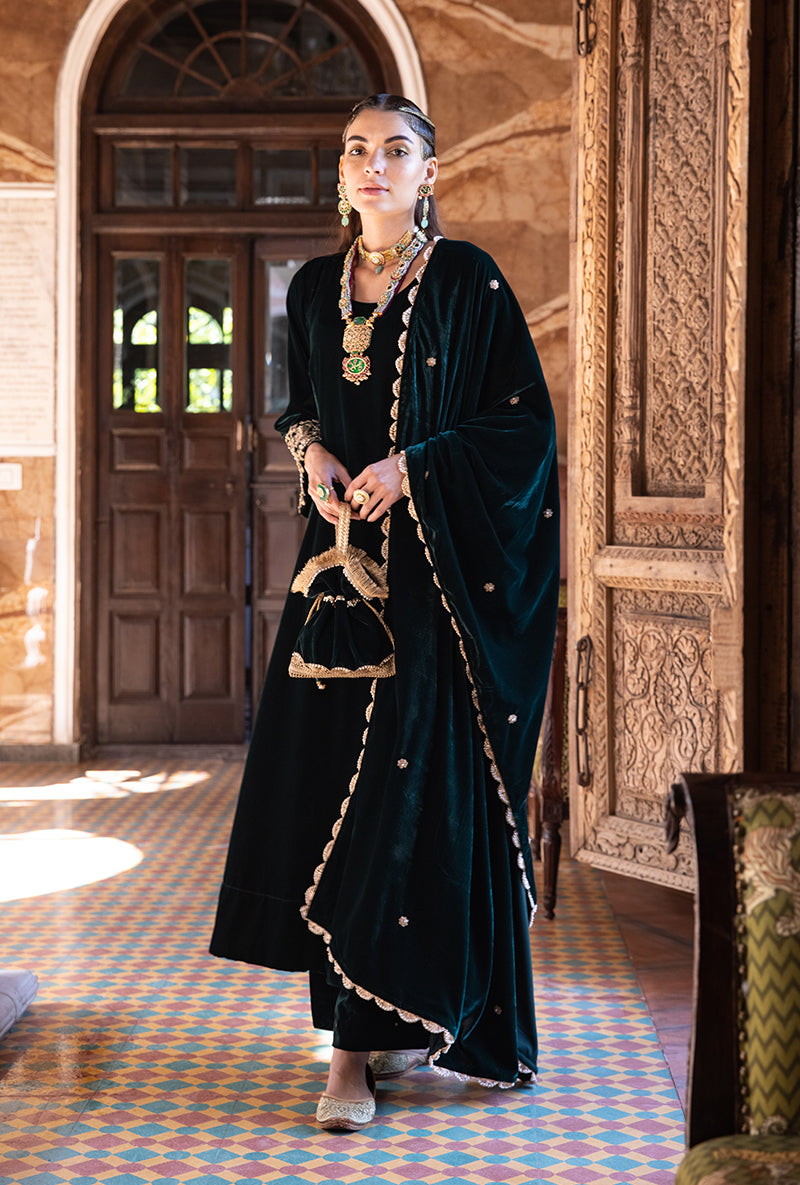 Deep Green Heavy Cuff A-line Velvet Aarzoo Kurta Set